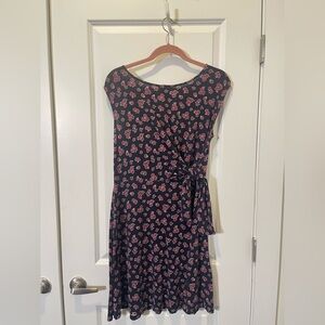 LOFT Black Midi Dress with Pink Floral Design